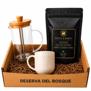 PACK OFFICE & FAMILY SIGNATURE MOLIDO | GRANO: 225 g CON CAFETERA FRANCESA Y TAZA | IDEAL PARA REGALO